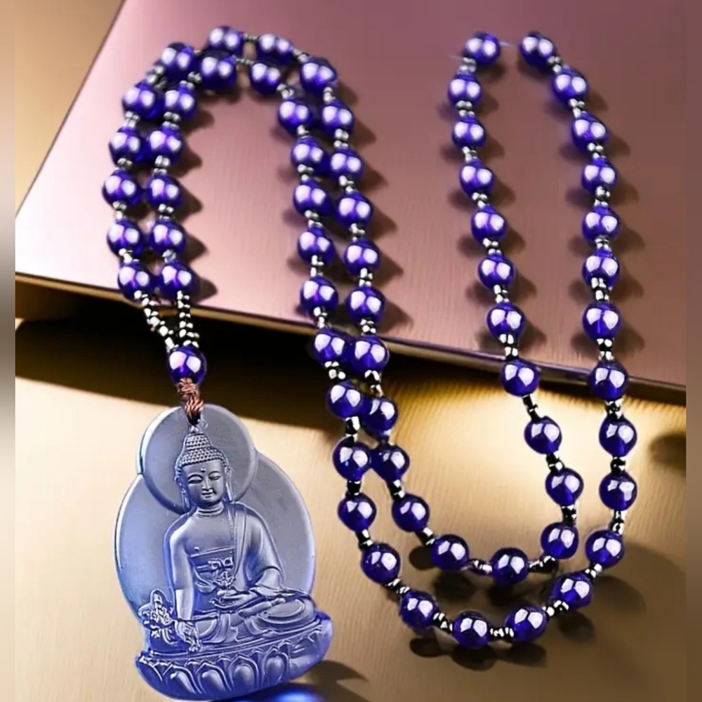 Spiritual Tribal Style Buddha Blue Glass Necklace Pendant - Picture 3 of 8